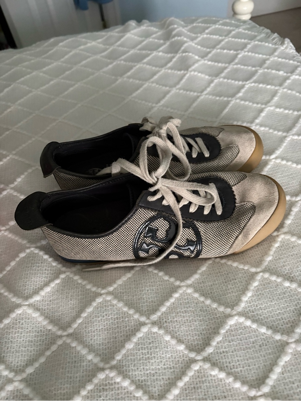 Tory Burch Murphey Logo Sneakers - navy and white canvas and suede - Picture 4 of 8